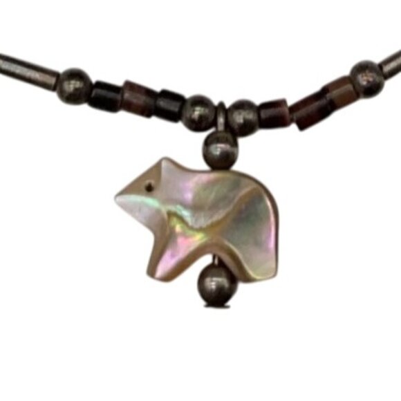 Vintage Zuni Abalone Bear Pendant Beaded Necklace 15" L - Picture 1 of 3